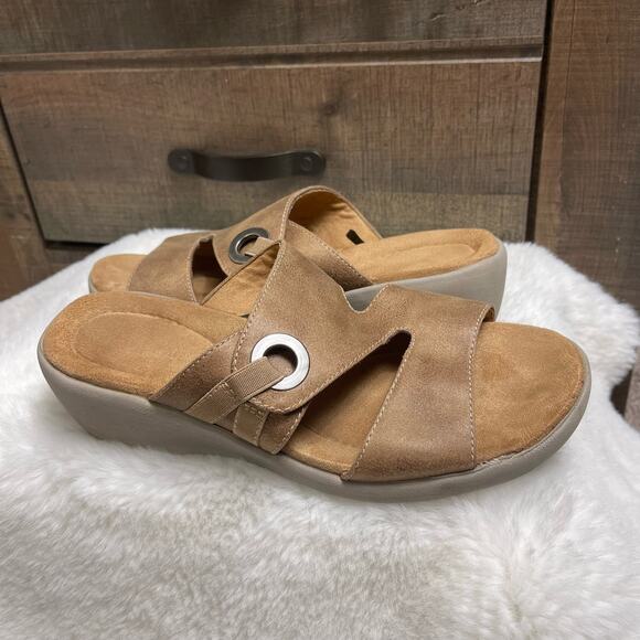 EASY SPIRIT US7.5M Tan KAITRIN Ultra-Suede Fabric 2"‎ Wedge Heels SANDALS - Picture 1 of 6